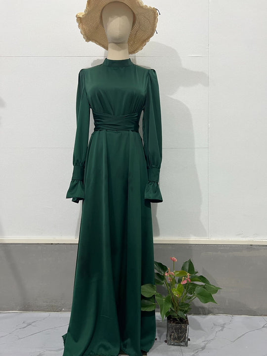 Autumn Long Sleeve Waist Puff Sleeve Green Dress