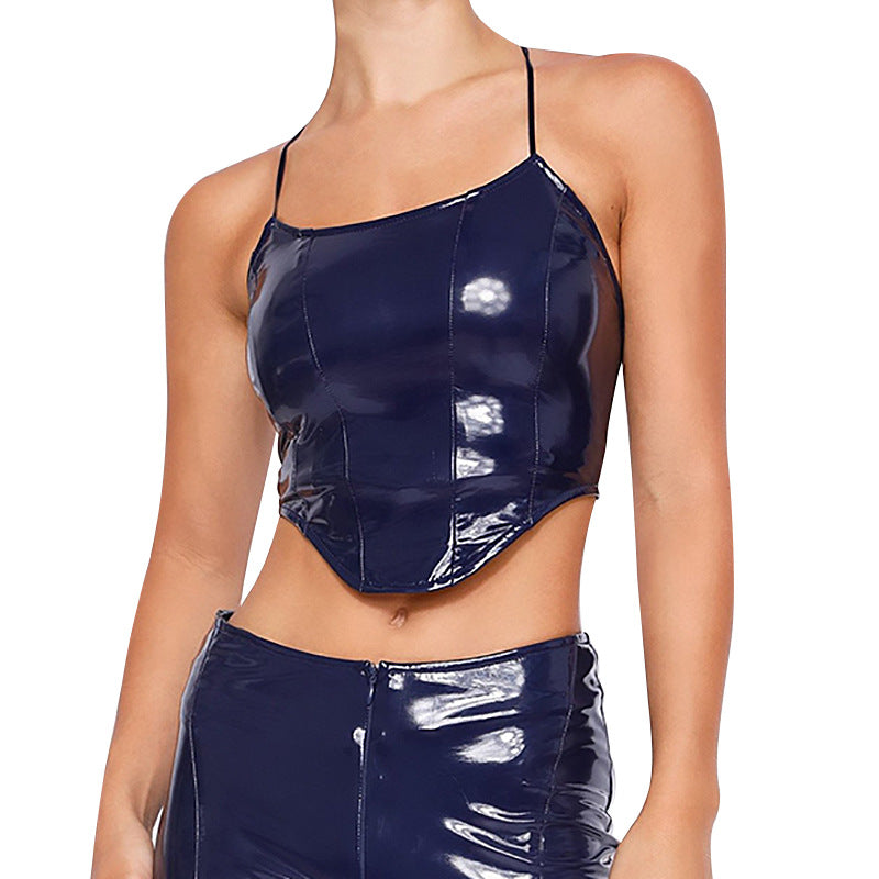 Sexy Solid Color Cropped Backless Faux Leather Camisole Women  Clothing