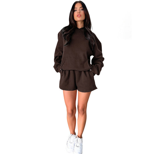 Autumn Winter Solid Color Long-Sleeved Hooded Sweaters Women Clothing Two Piece Casual Shorts sets