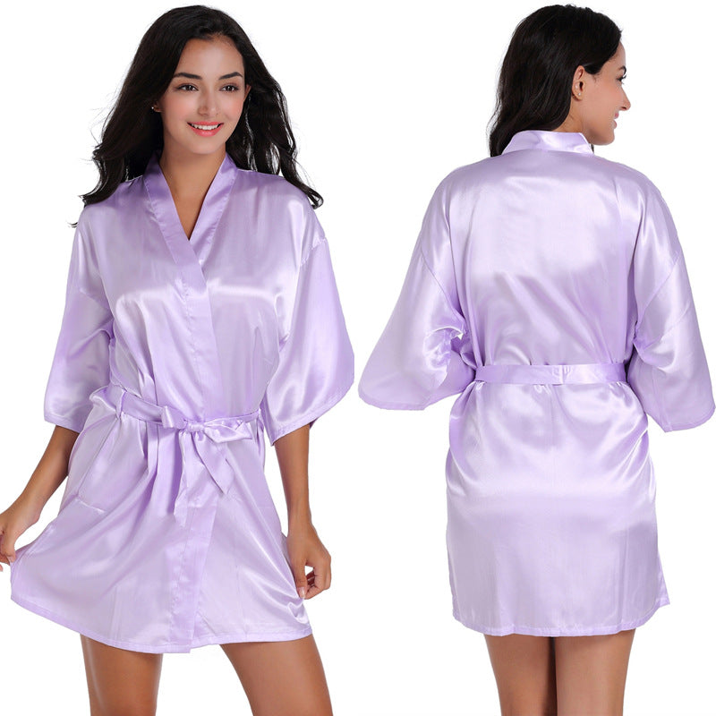 Ladies Robe Artificial Silk Satin Kimono Gown Glossy Solid Color Thin Cardigan Gown Summer Sexy Short Bathrobe