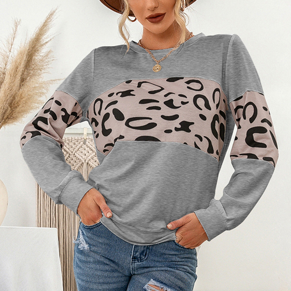 Autumn Winter Casual Knitted Leopard Print Pullover round Neck Contrast Color Patchwork Women