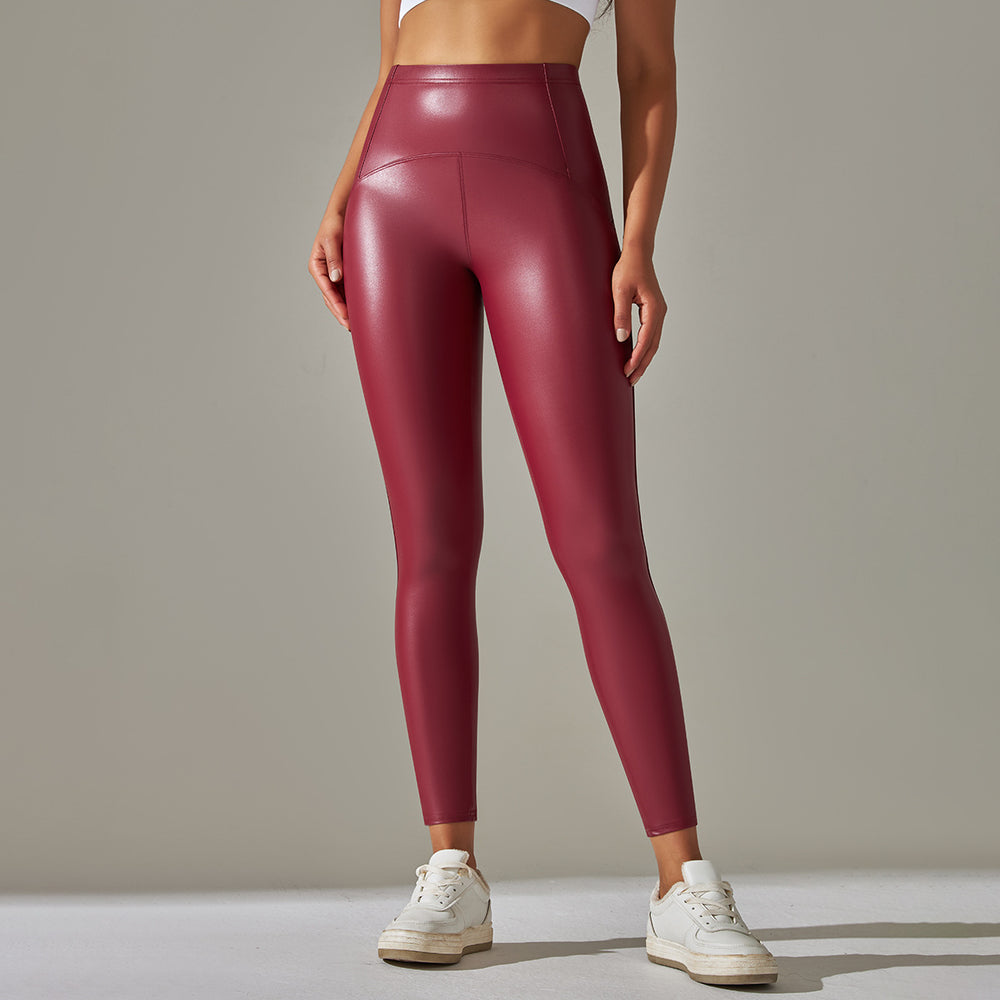 Faux Leather Pants High Elastic Sexy High Waist Solid Color Bright Black Tight Trousers Running Fitness Yoga Pants
