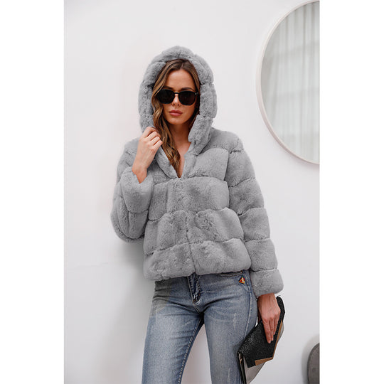 Short Solid Color Loose Horizontal Hooded Coat Faux Fur Autumn Winter Warm Coat