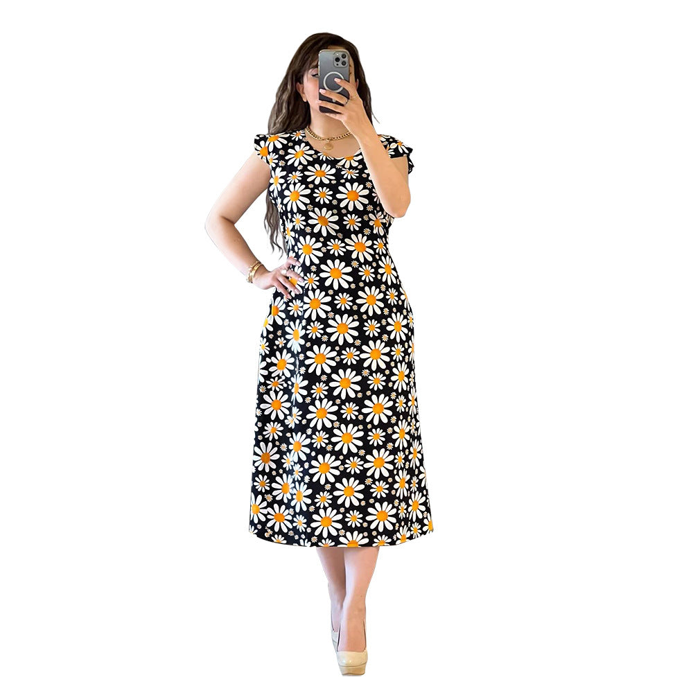 Floral Dress Flying Sleeve round Neck Little Daisy Printed Midi