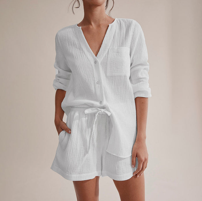 Autumn New White Long-Sleeved Air Conditioning Room Clothing Cotton Crepe Shorts Suit Pajamas Women Skin-Friendly Ladies Homewear