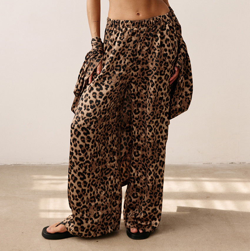 Spring Leopard Print Cardigan Nightgown Loose Trousers Pajamas Two Piece Set Soft Comfortable Ladies Homewear