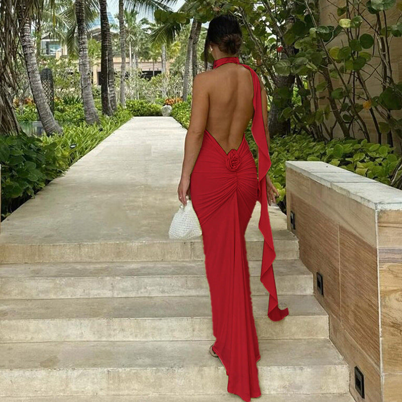 Summer Women Clothing French Sexy Big Backless Maxi Dress Sexy Slim Halter Dress