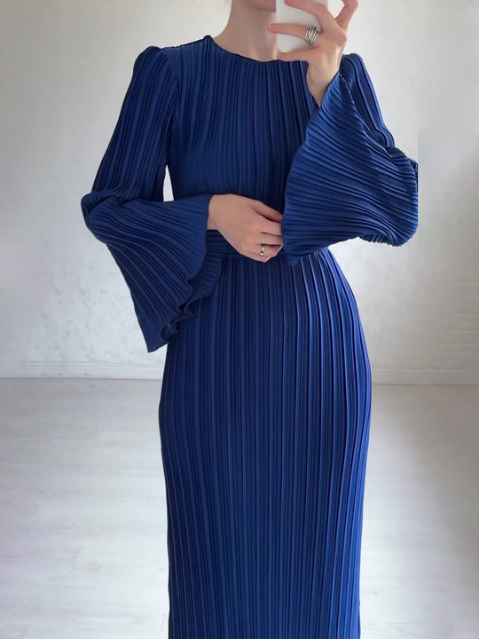 Autumn Women Clothing Maxi Dress Pleated Bell Sleeve Mid Length Dress