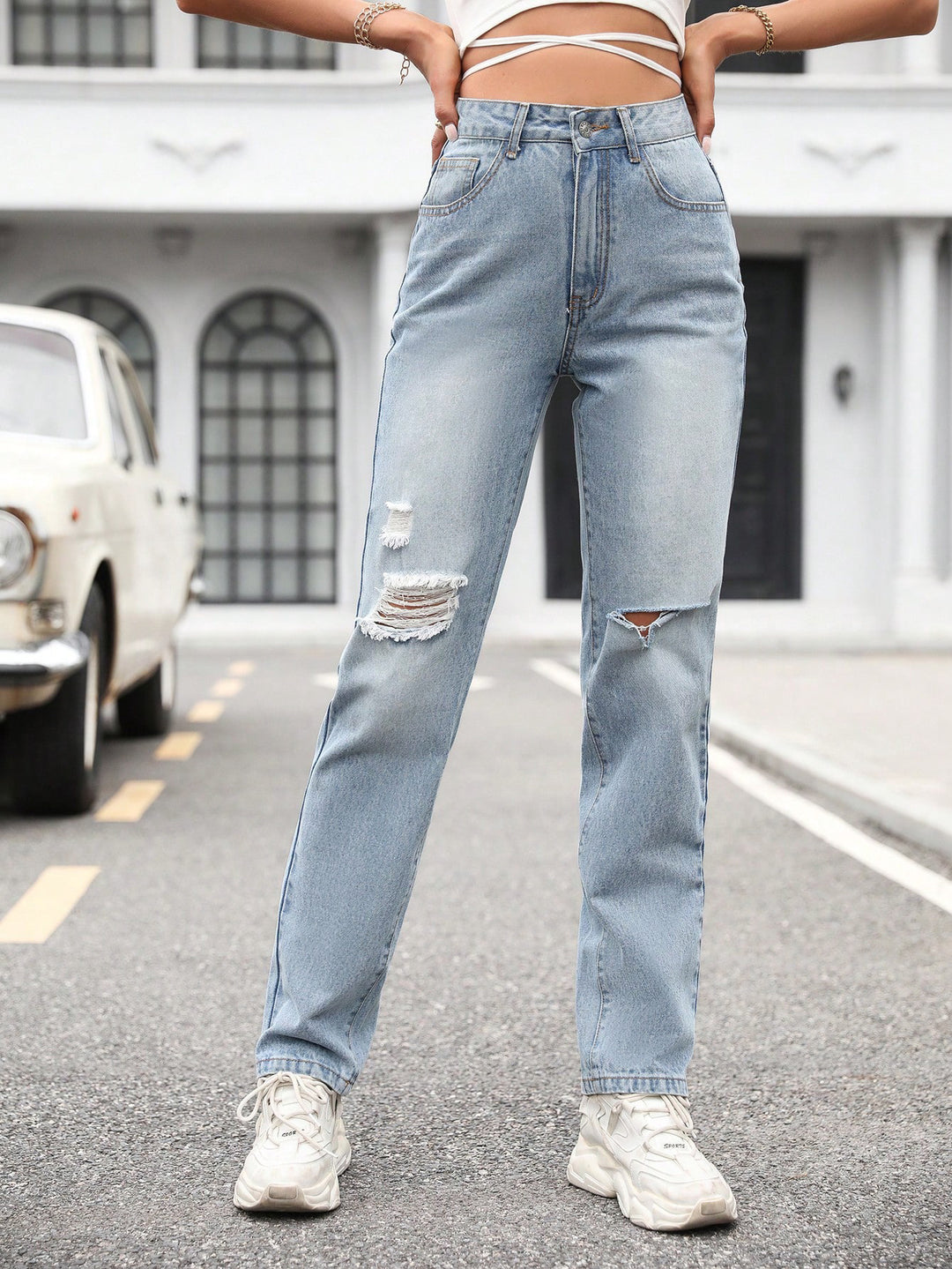 Women Clothing Straight Loose High Waist Denim Trousers