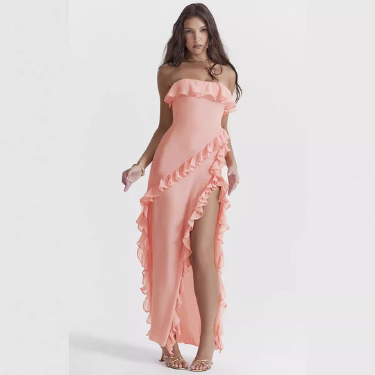 Summer Sexy Ruffles Wrapped Chest Split Sleeveless Off The Shoulder Dress Dress