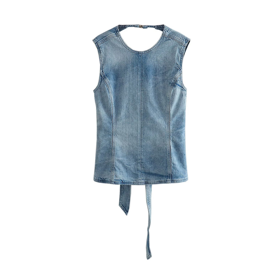 Summer All Match Low Collar Sleeveless Backless Lace up Do the Old Cowboy Vest for Women