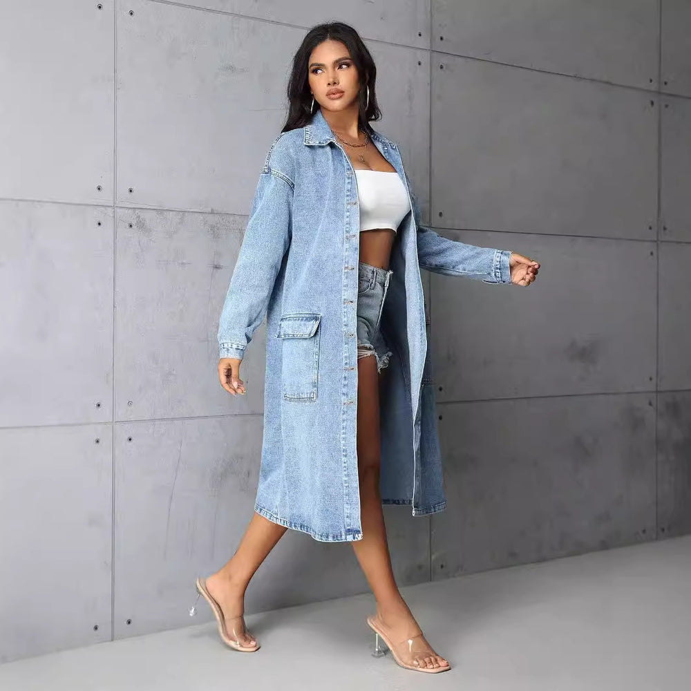 Women Clothing Loose Casual with Big Pockets Denim Trench Coat Long