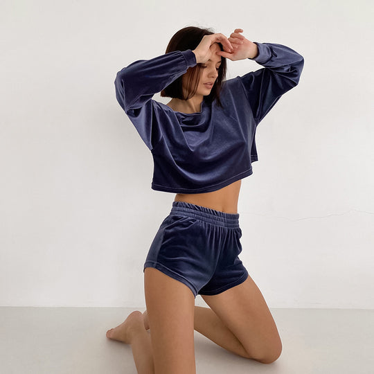 Autumn Velvet Pajamas Two Piece Women Clothing Loose Casual Long Sleeves Shorts Home Wear