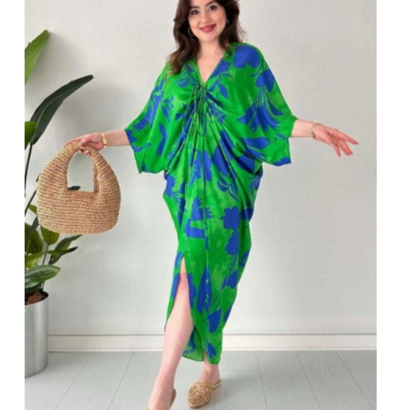 Loose Batwing Sleeve Casual Printing Drawstring Irregular Asymmetric Women Dress