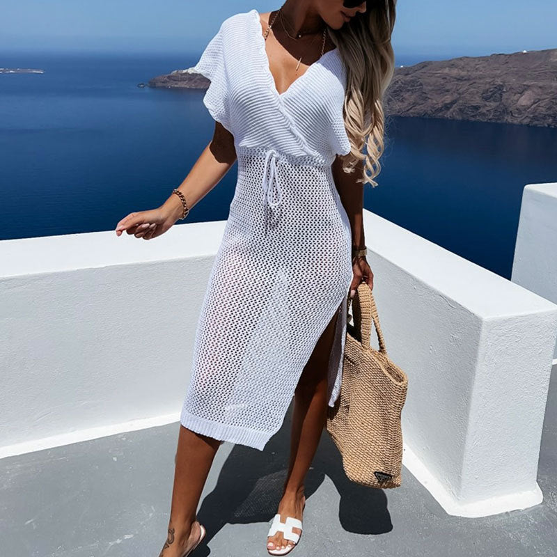 Summer V neck Lace up Hollow Out Cutout Beach Dress Sexy Slit Bikini Sun Shield Hanfu Long Robe Dress