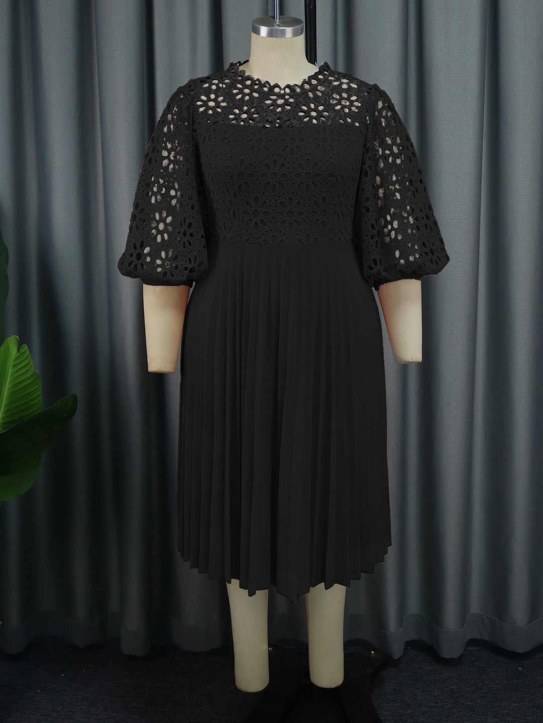 Lace Lantern Sleeve Dress Elegant Office Pleated Dresses