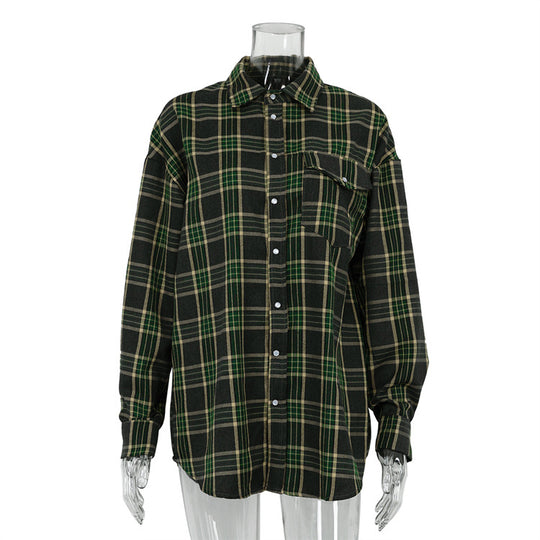 Lattice Shirt Fall Women Clothing Retro Plaid Outer Wear Loose Shirt