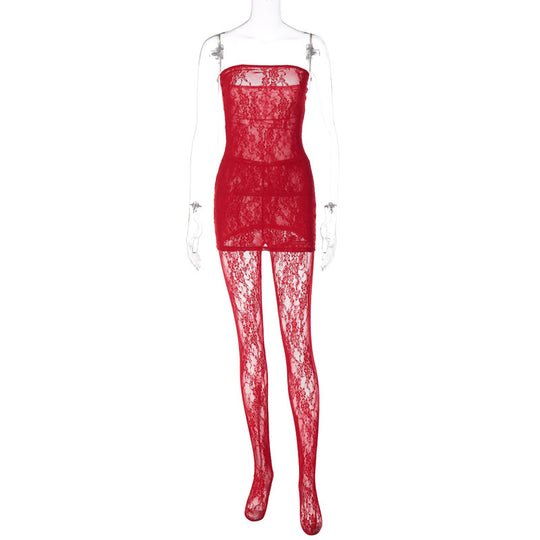 Women Clothing Summer Lace Sexy See Through Chest Wrapped Dress Trousers Two Piece Set