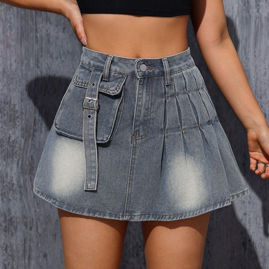 Retro A Line Half Length Denim Short Skirt Sexy Work Clothes Pocket Summer High Sense