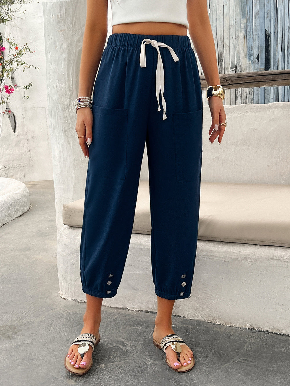 Women Clothing Spring Summer Casual Solid Color Drawstring Overalls