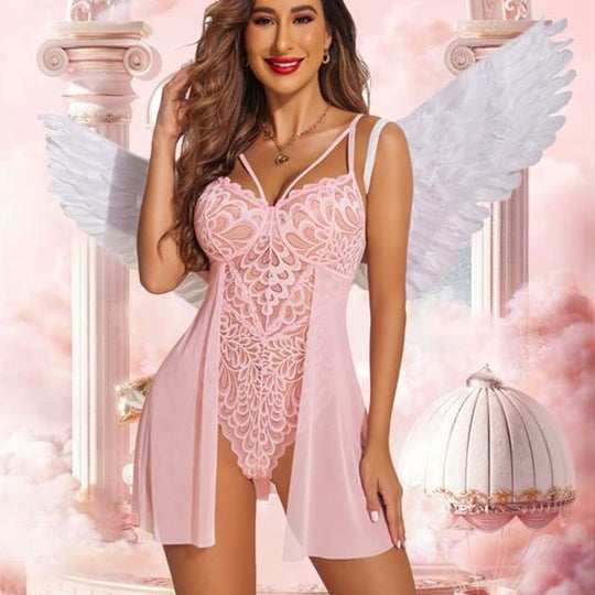 Sexy Feather Pattern Sling One Piece With Skirt Sexy Lingerie Suit