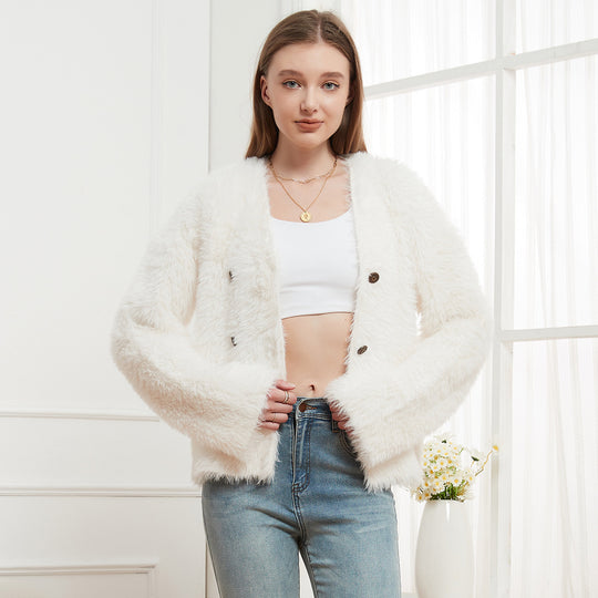 Women Knitted Mink like V neck Cardigan Sweater Top Casual Soft Women Short Coat