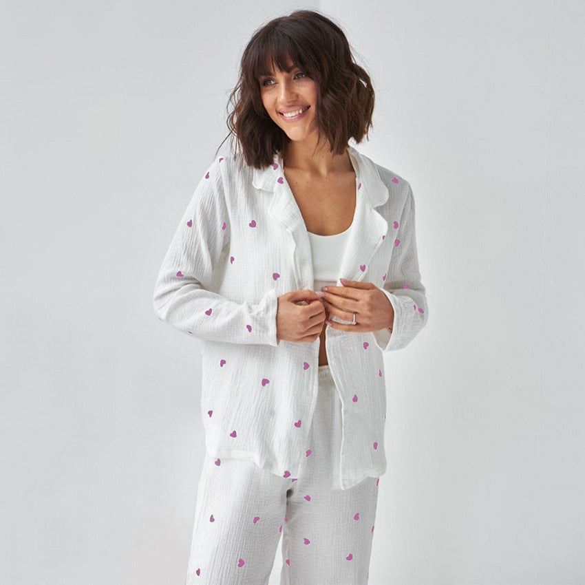 Autumn Purple Heart Printing White Cotton Pajamas Two Piece Set Casual Comfortable Ladies Homewear