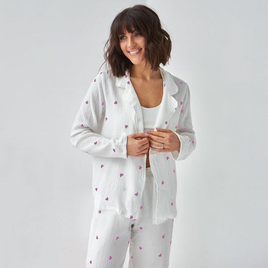 Autumn Purple Heart Printing White Cotton Pajamas Two Piece Set Casual Comfortable Ladies Homewear