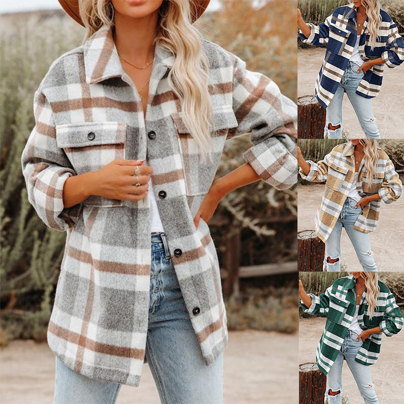 Women Clothing Autumn Winter New Plaid Button Shacket Flannel Woolen Coat Coat