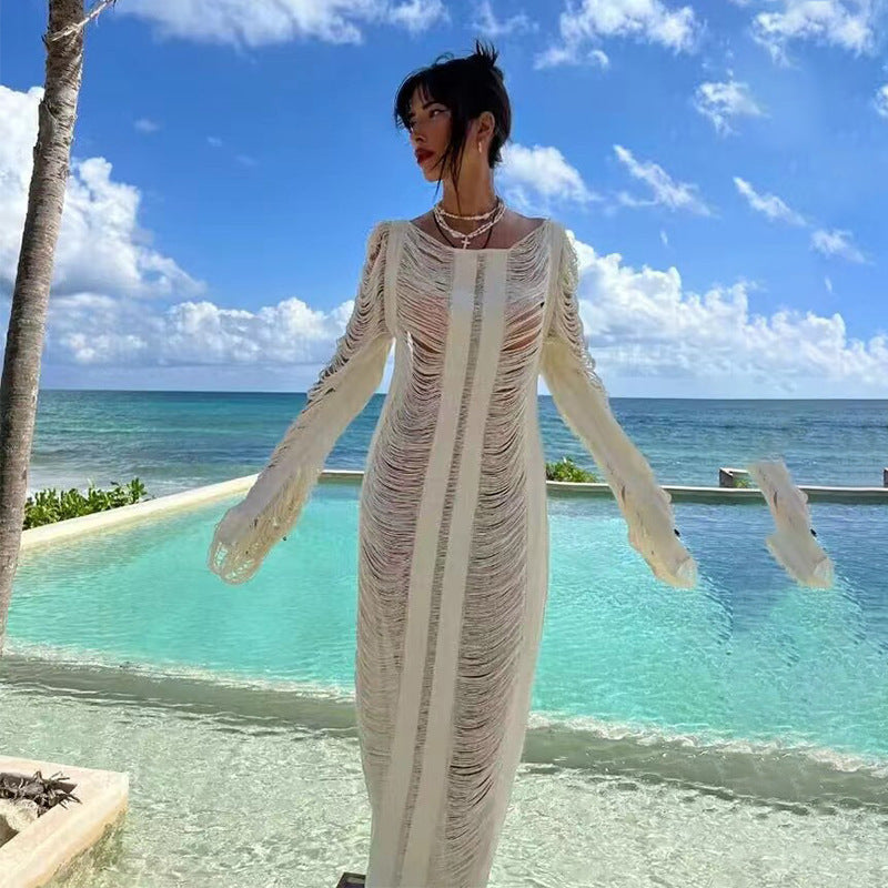 Summer Vacation Beach Dress Sexy Backless Lace Up Hollow Out Cutout Long Sleeve Dress