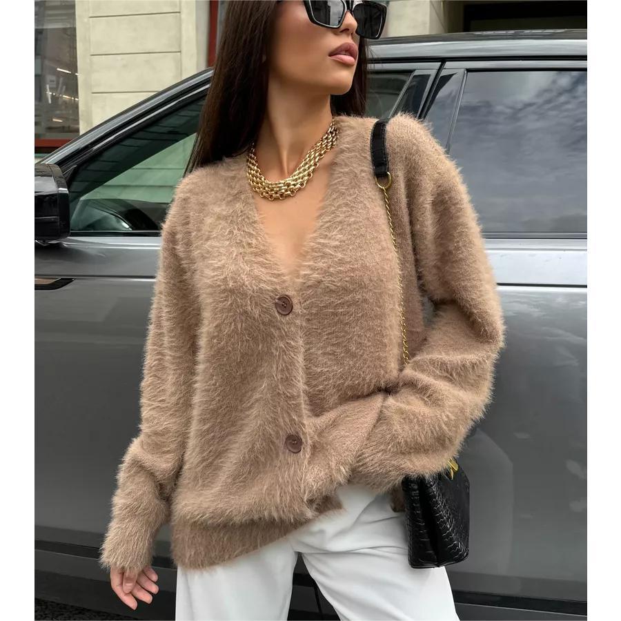 Idle Knitted Cardigan Women Fall Winter V Neck Loose Mink Like Sweater Coat Sweater