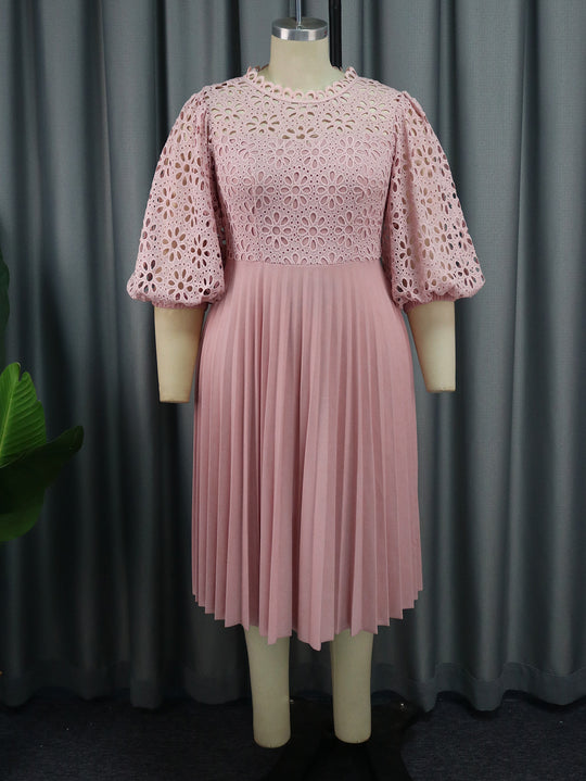 Lace Lantern Sleeve Dress Elegant Office Pleated Dresses