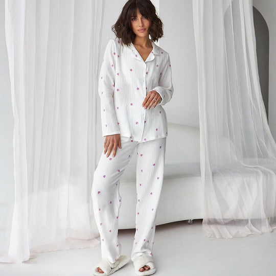 Autumn Purple Heart Printing White Cotton Pajamas Two Piece Set Casual Comfortable Ladies Homewear