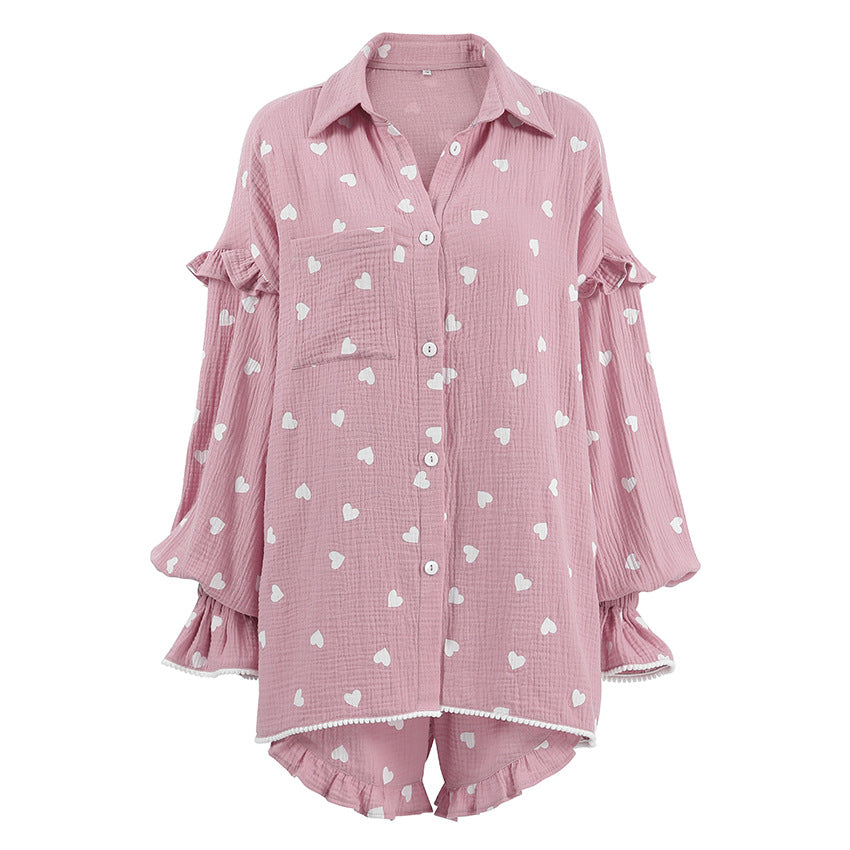 Comfort Ruffled Heart Printing Long Sleeve Shorts Pajamas Set Cotton Homewear