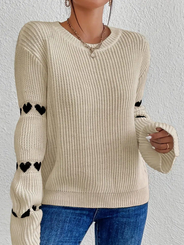 Women Sweater Autumn Winter Solid Color Loose Heart Jacquard Sweater Pullover Round Neck Flared Sleeves Top