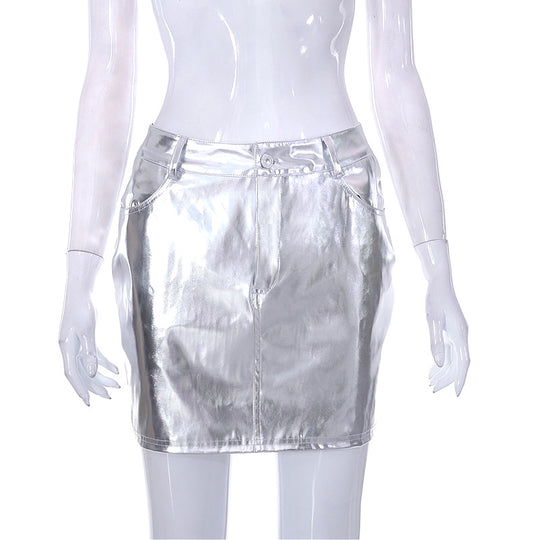 Street Faux Leather Splicing Skirt Summer Trendy Metallic High Waist Skirt