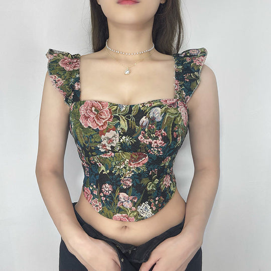 Sexy Retro Embroidered Strap Vest Summer Niche Chic Floral Short Slim Top