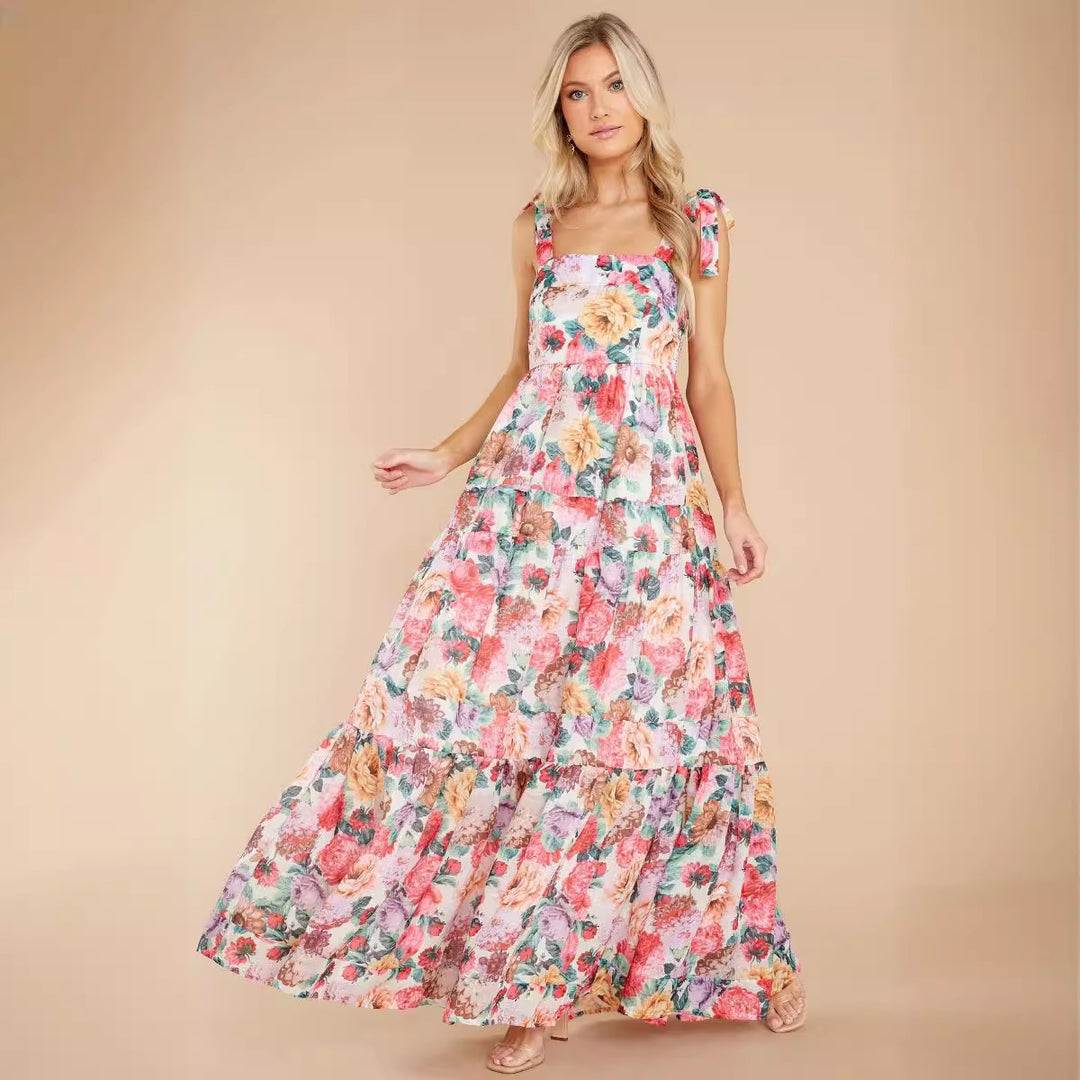 Summer Women Clothing Elegant off Neck Floral Strap Dress