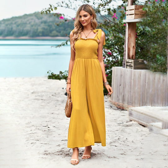 Women Clothing Spring Summer Casual Solid Color High Waist Chest Wrap Sling One Piece WideLeg Pants