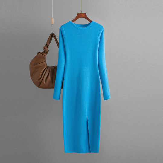 Autumn Winter Slim Fit Knitted Dress Women Inner Wear Outer Wear Mid Length Long Sleeve Tight Bottoming Hip