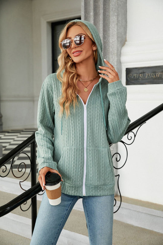 Autumn Winter Solid Color Long Sleeve Hooded Loose Zip Coat Sweatshirt Women