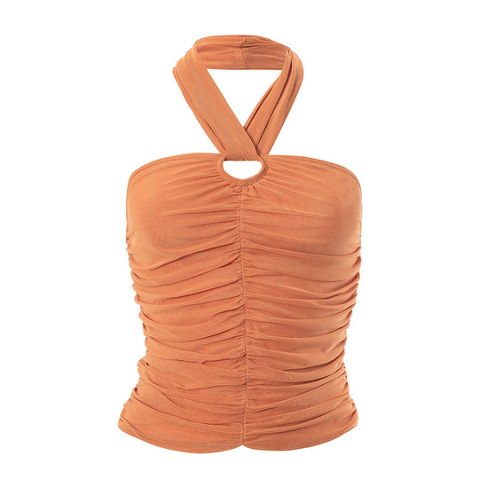 Solid Color Mesh Pleated Halter Top Women Sexy Backless Summer