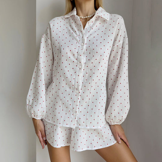 Autumn Winter White Heart Printing Pure Cotton Comfortable Long Sleeve Shorts Pajamas Two Piece Home Wear