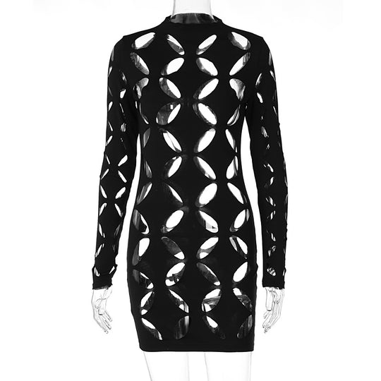 Women Clothing Autumn Personality Hollow Out Cutout out Long Sleeve round Neck Sheath Dress