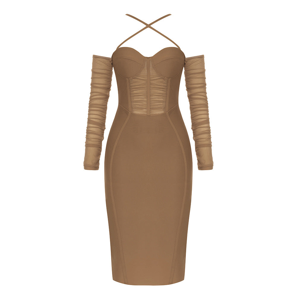 Dress Bandage Dress Simple Sexy Cross off-Shoulder Backless Slim Fit Long Sleeve Dress Women