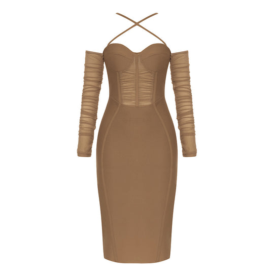 Dress Bandage Dress Simple Sexy Cross off-Shoulder Backless Slim Fit Long Sleeve Dress Women