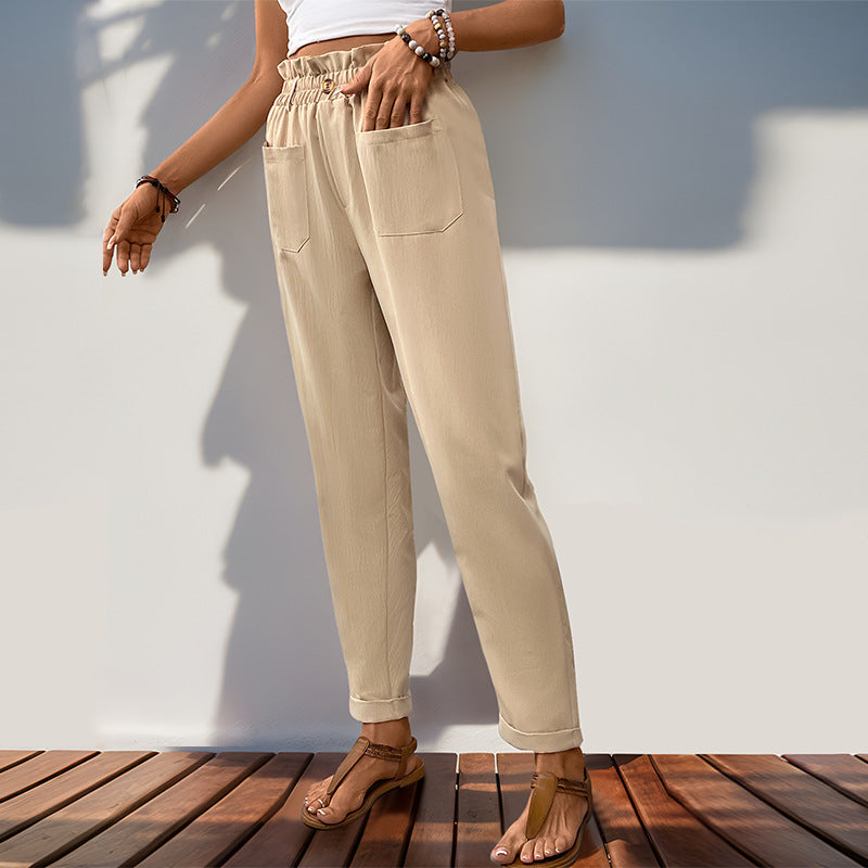 Summer Women High Waist Solid Color Casual Tapered Pants