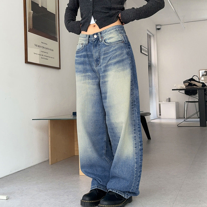 High Street Fashionable Trendy Wash Contrast Color Loose Wide Leg Sexy Low Waist Casual Denim Trousers Summer