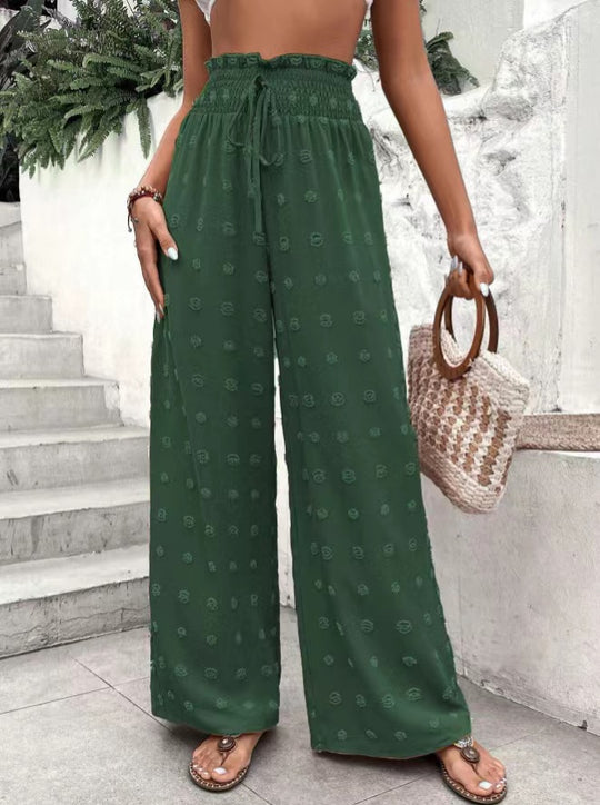 Casual Micro Elastic Loose Smocking High Waist Jacquard Casual Pants Wide Leg Pants Trousers for Women
