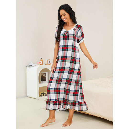 Spring Autumn Plaid Short-Sleeved Nightdress Women Wear outside One Piece Homewear Clothing Night Dress